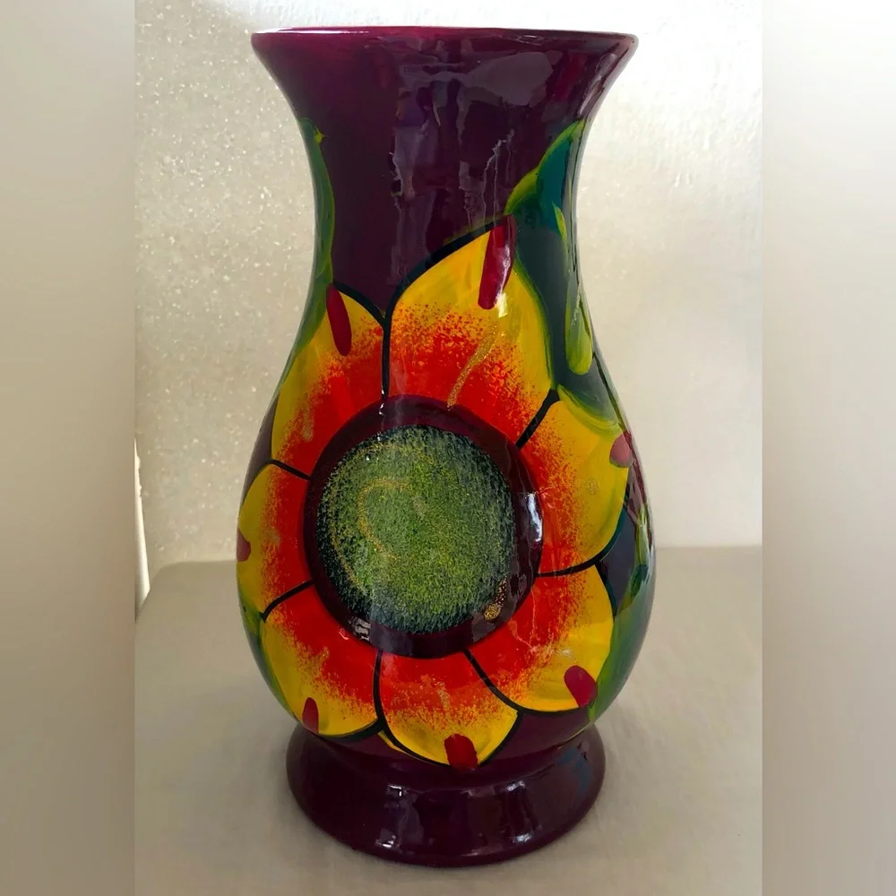 Mexican Folk Art Clay Pottery Vase Hand Painted Bright Flowers & Leaves